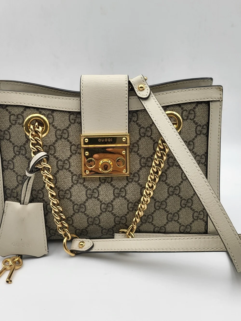 Gucci-GG Canvas Small Padlock  Calfskin Ebony Mystic White, Authentic...